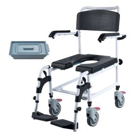 VEVOR Shower Commode Wheelchair with 4 Lockable Wheels, Footrests, Flip-up Arms, 3-Level Adjustable Height, 5L Removable Bucket, 350 LBS Capacity